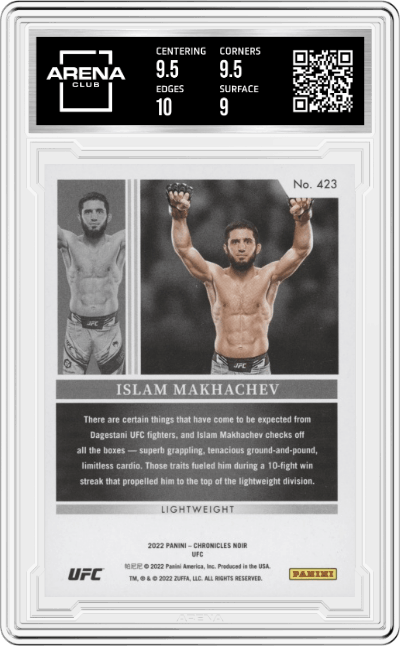 Islam makhachev  from the 2022 Panini Chronicles UFC set graded by Arena Club and given an overall grade of 9.5.