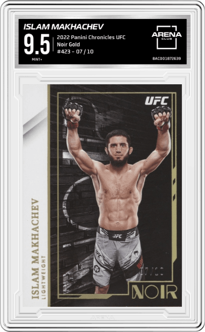 Islam makhachev  from the 2022 Panini Chronicles UFC set graded by Arena Club and given an overall grade of 9.5.