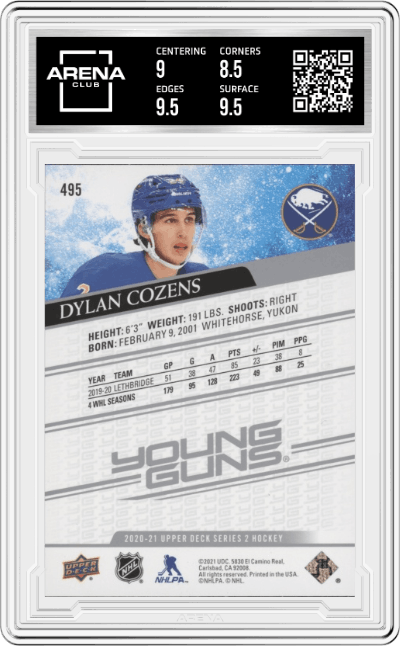 Dylan Cozens from the 2020-21 Upper Deck  set graded by Arena Club and given an overall grade of 9.