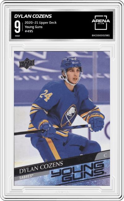 Dylan Cozens from the 2020-21 Upper Deck  set graded by Arena Club and given an overall grade of 9.
