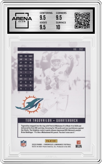 Tua Tagovailoa from the 2020 Panini Chronicles set graded by Arena Club and given an overall grade of 10.