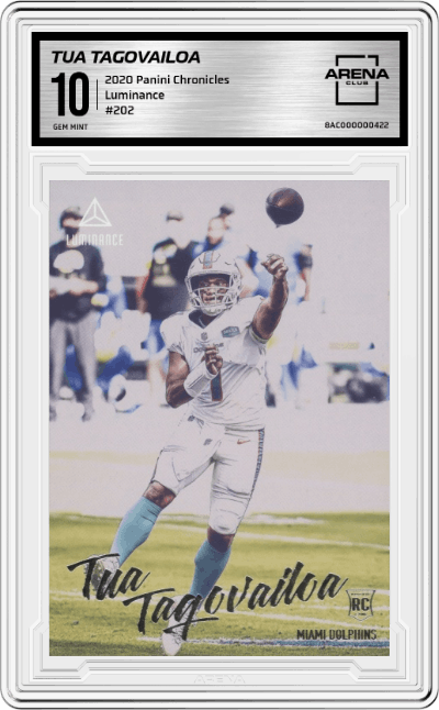 Tua Tagovailoa from the 2020 Panini Chronicles set graded by Arena Club and given an overall grade of 10.